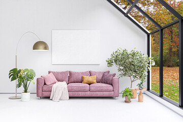 3d rendered illustration of a bright living room with mockup picture frame.