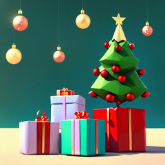 christmas tree with presents under it and hanging ornaments around it, with a green background