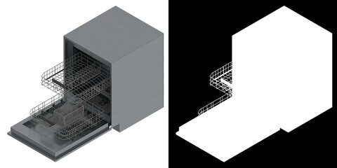 3D rendering illustration of a dishwasher