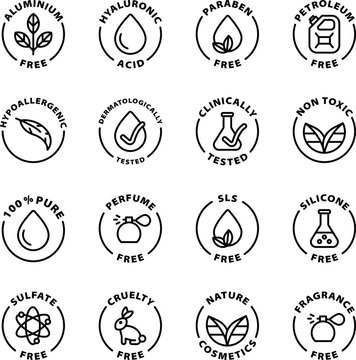 Natural Cosmetics Icon Set, Icons. Isolated Vector Black Outline Stamp Label Rounded Badge Product Tag On Transparent Background. Symbols. Paraben Free, Non Toxic, Silicone Free, Cruelty Free.