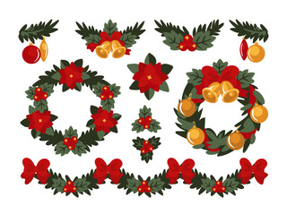 Large set of Christmas fir or spruce garlands. Pine tree garlands. Elements for your design. Christmas wreaths. Vector illustration