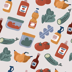 Vector illustration of Farmer's market seamless pattern with line icons. Fruits, vegetables, honey, eggs, meat and fish