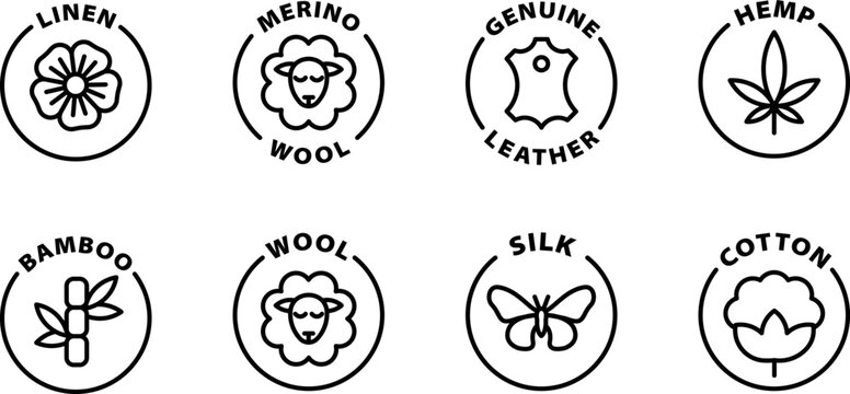 linen, merino, leather, hemp, bamboo, wool, silk, cotton icon set, icons. Isolated vector black outline stamp label rounded badge product tag on transparent background. Symbols.