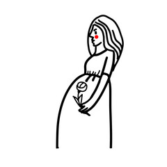 A pregnant woman with a flower in her hand. Hand-drawn doodle illustration. Vector