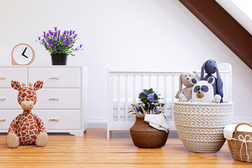 3d rendered illustration of a bright attic nursery room with stuffed toy animals.