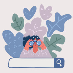 Vector illustration of Search or research concept. The woman with the search bar and looks through binoculars. A woman holds a large magnifying glass. A metaphor for finding solutions for business.