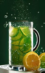 A Glass of Fresh Drink with Fruit Slices and Splash, Generative Art Illustration, Citrus Cocktail, Fruit Beverage