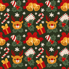 Marry Christmas and Happy New Year Seamless Pattern with Deer, Candys, Bells and Mails. Trendy retro cute style.
