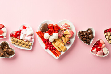 Valentine's Day celebration concept. Top view photo of heart shaped plates with chocolate and jelly candies on isolated light pink background