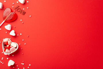 Valentine's Day celebration concept. Top view photo of heart shaped saucer with jelly candies lollipop inscription love and confetti on isolated red background with blank space