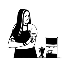 A nice girl working in a coffee shop. Graphic drawing. Vector black and white illustration illustration