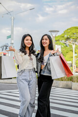 Two charming Asian women carrying their shopping bags, standing at the crosswalk