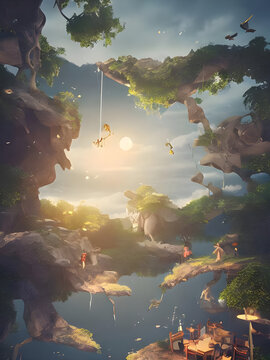 Abstract Neverland in the sunrise Illustration, Wallpaper, digital Art