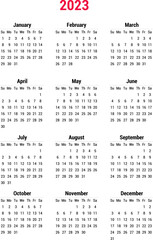 Calendar 2023 vector template layout vector image. 2023 Yearly English calendar. New year wall planner design. A4, A3 A5 or letter format. Week starts on Sunday.