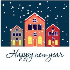 New Year's landscape with houses and snow. Design for postcards, posters, packaging, stickers, etc. Color vector illustration