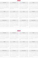 Calendar 2023 vector template layout vector image. 2023 Yearly English calendar. New year wall planner design. A4, A3 A5 or letter format. Week starts on Sunday.
