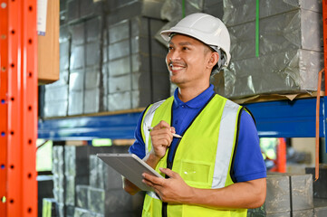 Happy Asian foreman or warehouse worker is working in a warehouse, checking inventory