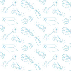 sports doodle blue background. Pattern for sports hall, fitness, gym. Black and white, transparent background