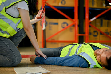 An unconscious Asian warehouse male worker receives first aid from a female colleague