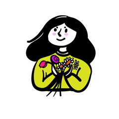 A pretty girl with a bouquet of flowers. Cute romantic character. It can be used for greeting cards, posters, stickers, etc. Vector color illustration