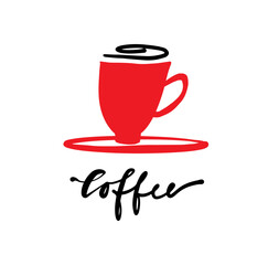 A red cup of coffee. A simple icon for a cafe, bistro, restaurant, coffee vending machine. Vector illustration
