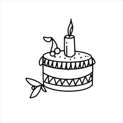 cake with a candle and cherries. A hand-drawn sketch. Icon. Vector illustration