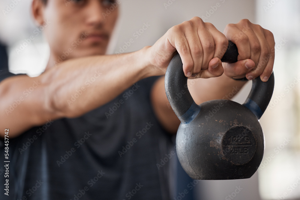 Sticker Man, kettlebell and weightlifting hands in closeup at gym for training, exercise or health with focus. Bodybuilder, strong and workout for healthy body, wellness or muscle development for fitness