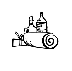 Spa accessories, candle, bottles of cream and oil. Hand-drawn illustration of the vector of doodles.