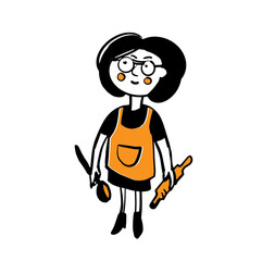A cute housewife in an apron with a ladle and a rolling pin in her hands. Hand-drawn vector color doodle illustration