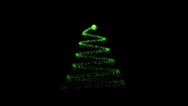 2D animation of an illustrated spiral Christmas tree on a black background