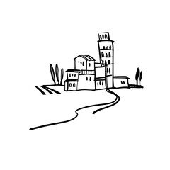 Italian landscape. Tuscany. A hand-drawn sketch. Design element for postcards, prints, stickers, social media, etc. Vector doodle illustration.