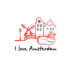 Obraz premium I love Amsterdam. Symbols of Holland. Architecture, wooden shoes, tulips. Design element of postcards, posters, stickers, packaging, souvenirs, etc. Hand-drawn vector illustration of doodles