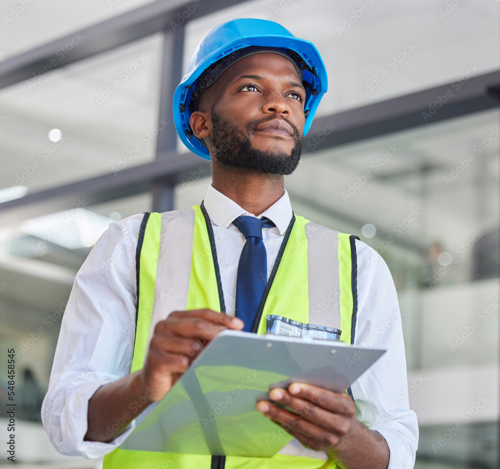 Poster Engineering, architecture and worker thinking with a checklist for infrastructure inspection or maintenance. Safety, construction and black man working on a office building project with clipboard