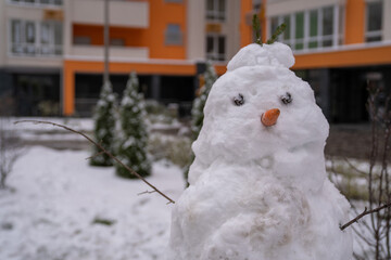 white snowman with carrot nose, made of snow, snowperson built in the backyard of residential...