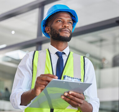 Engineering, architecture and worker thinking with a checklist for infrastructure inspection or maintenance. Safety, construction and black man working on a office building project with clipboard