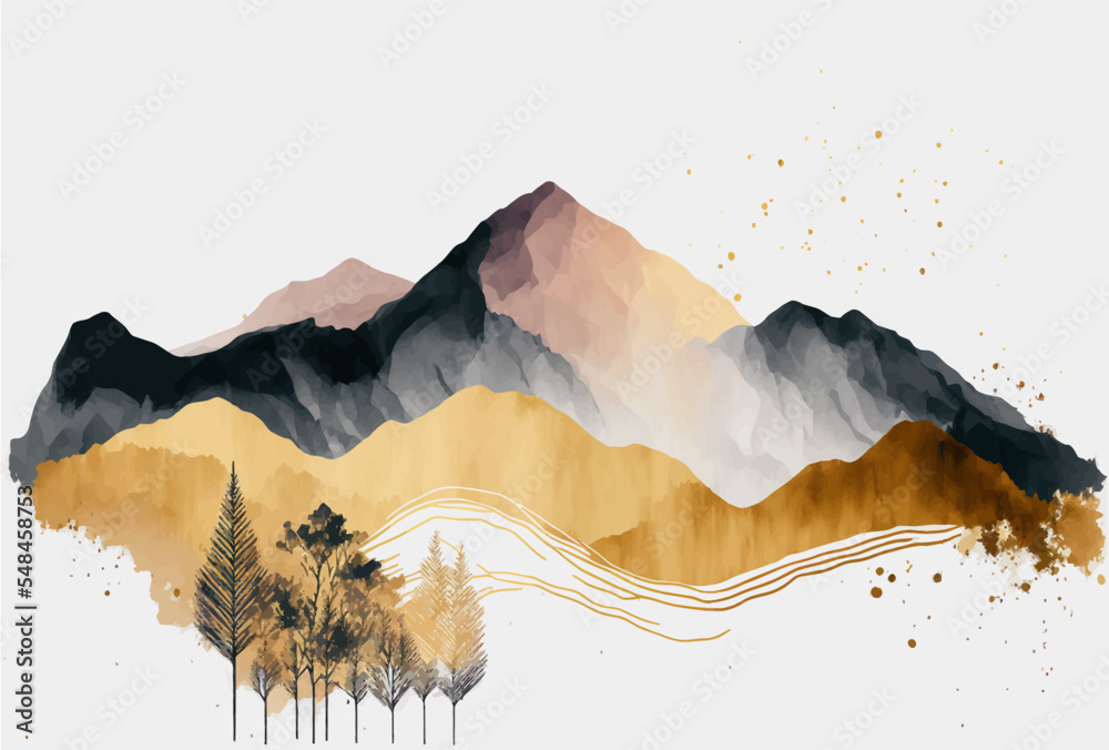 Poster Watercolor mountain background. Landscape with mountains in a minimalist style. Wallpaper design, prints and invitations, postcards. Majestic mountains. Vector illustration