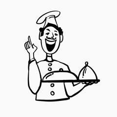 A joyful chef with a cooked dish. Sketch. Hand-drawn vector doodle illustration.