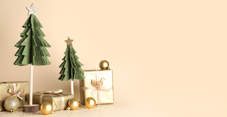 Decorative Christmas trees, balls and gifts on beige background with space for text - Powered by Adobe
