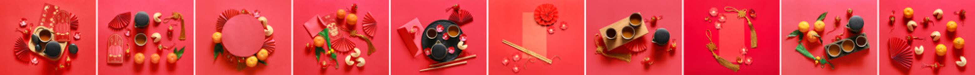 Collage of traditional Chinese symbols on red background. New Year celebration