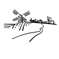 Rural landscape with a mill. Sketch. Vector doodle illustration