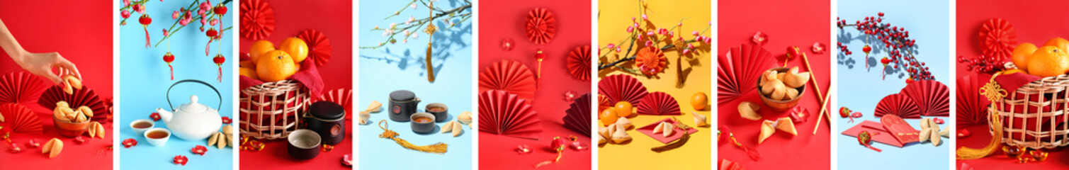 Festive collage of traditional Chinese symbols on color background. New Year celebration