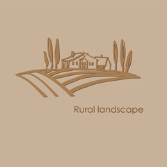 Rural landscape with houses, cypresses and fields Hand-drawn sketch. Vector color illustration