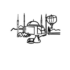 Stylized Turkish landscape. Symbols of Turkey. Hand-drawn vector doodle illustration. moonlight