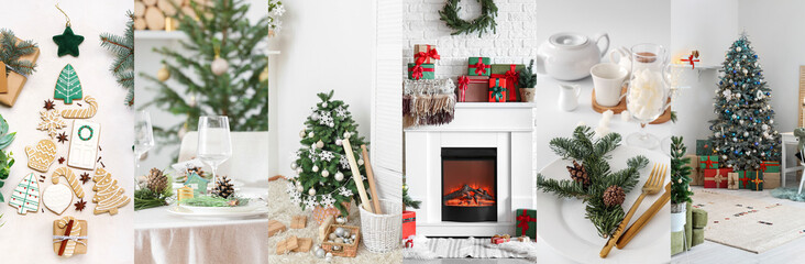 Festive collage with beautiful table settings, cookies and interiors decorated for Christmas celebration