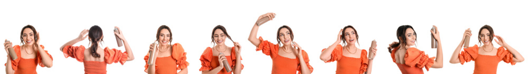 Set of beautiful young woman with hair spray isolated on white