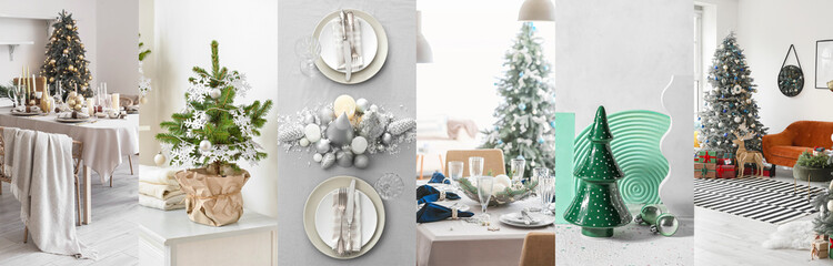 Festive collage with beautiful table settings, decorations and interiors decorated for Christmas celebration