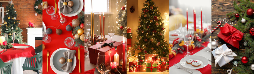 Festive collage with beautiful table settings, gifts and interiors decorated for Christmas celebration