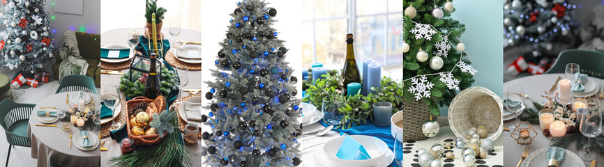 Festive collage with beautiful table settings and Christmas trees