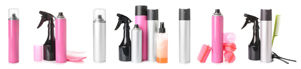 Set of hair sprays and hairdresser tools on white background