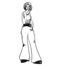 Standing woman in flared trousers. A hand-drawn sketch. Vector illustration